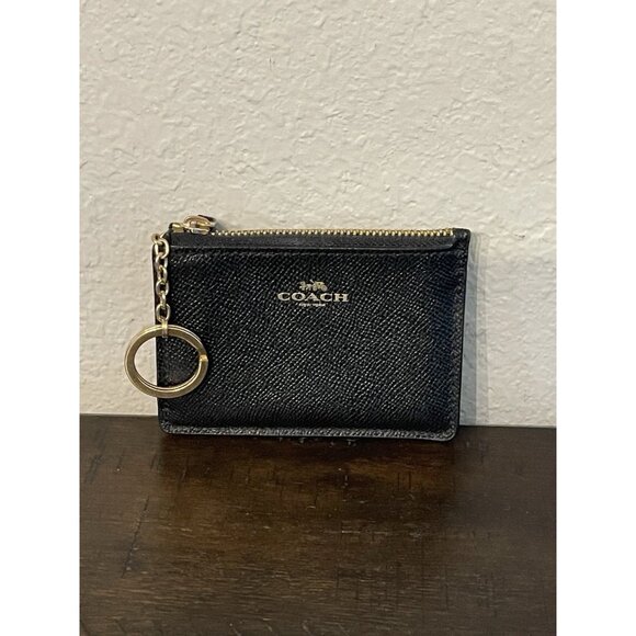 Coach Black Crossgrain Leather ID Card Case Key Chain Wallet Gold Hardware - Picture 1 of 6